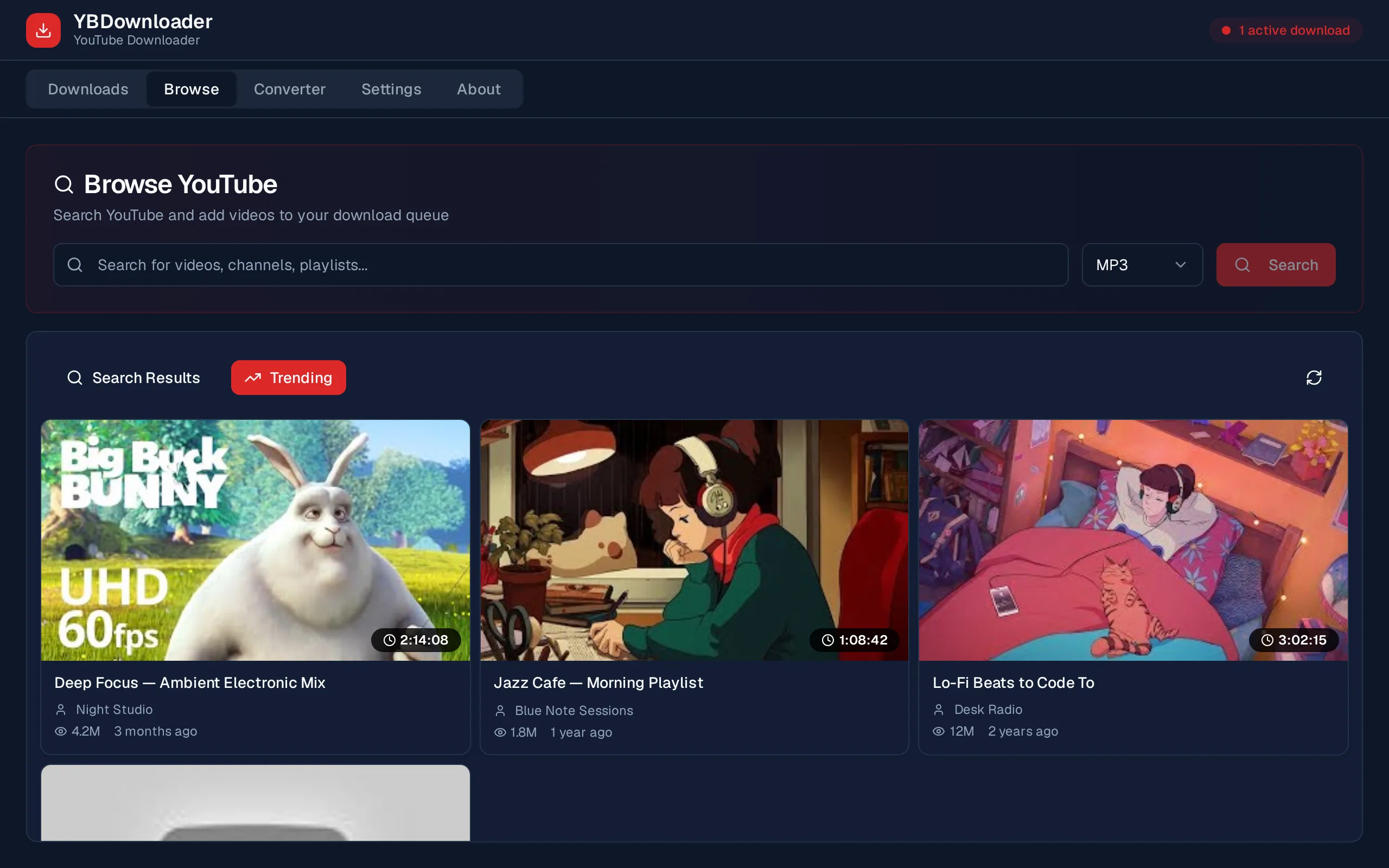 Browse tab with trending YouTube results
