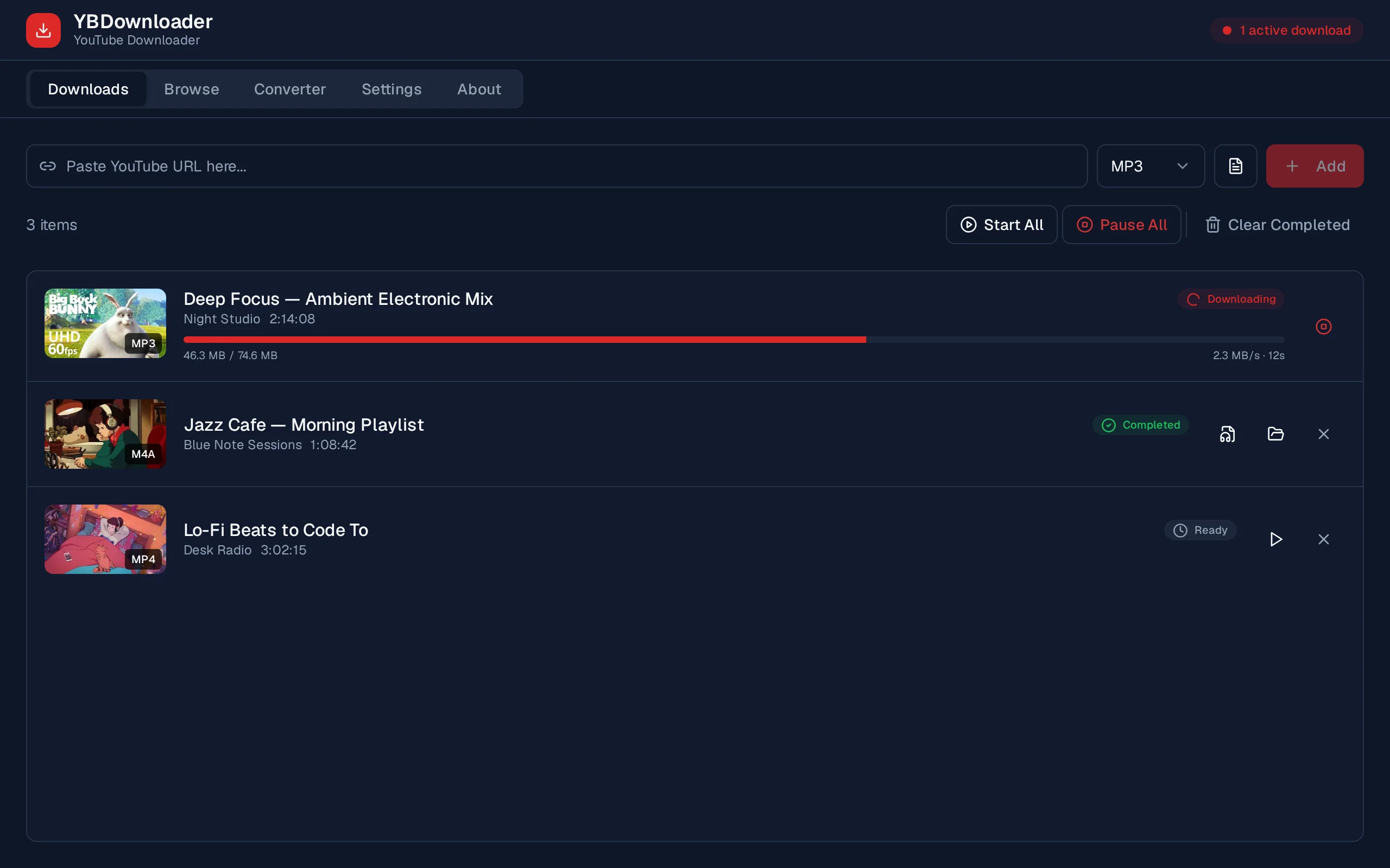 YBDownloader app in dark mode showing the download queue with active progress