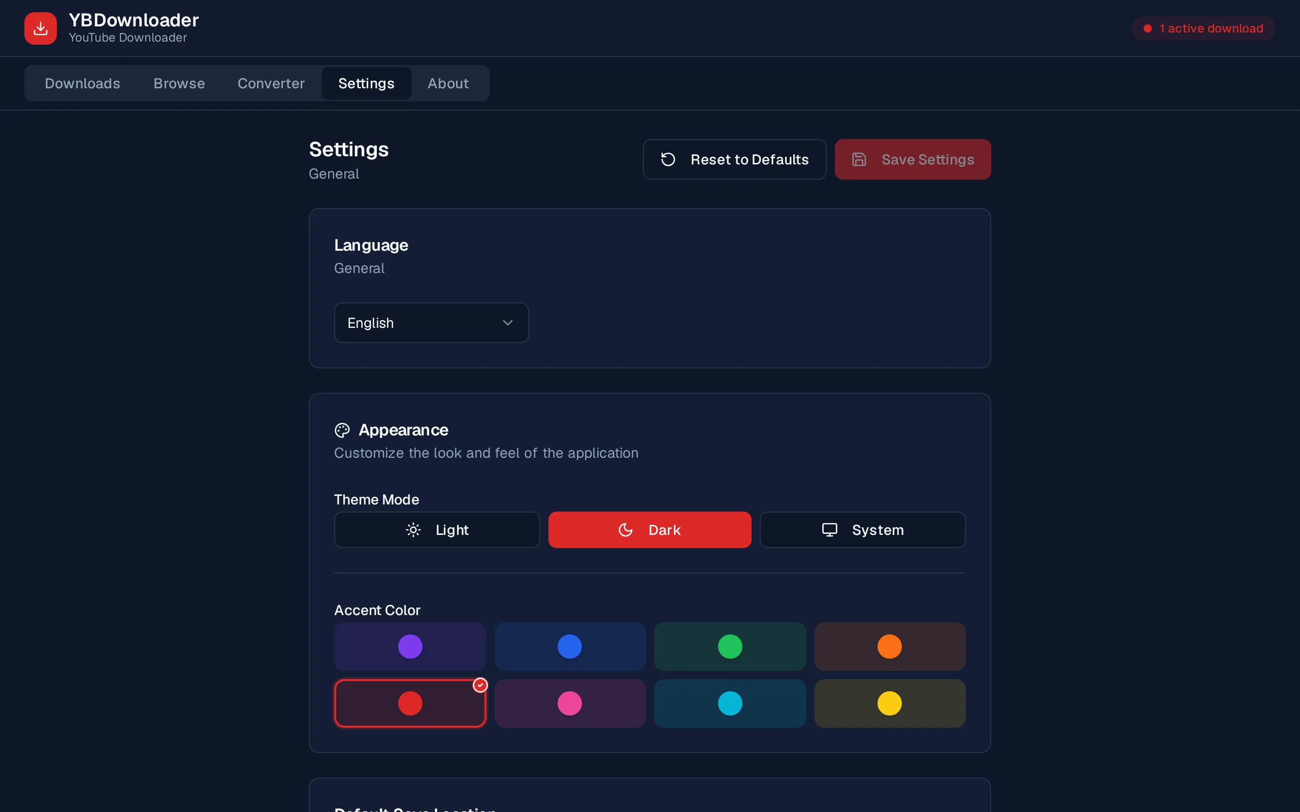 Settings tab with theme and download engine options
